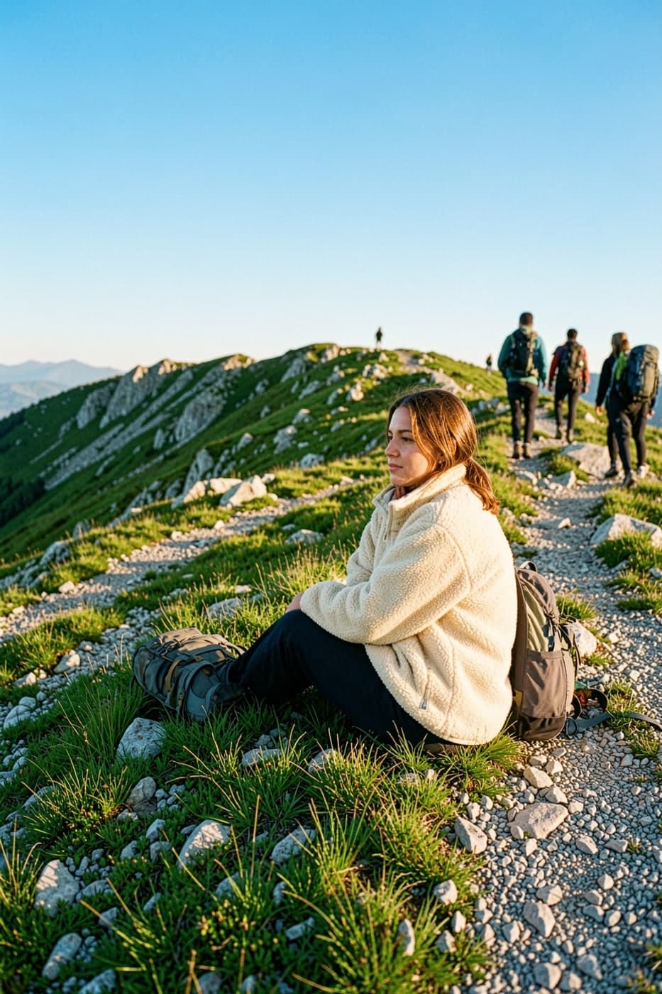 Woman in a cream fleece jacket sitting on a grassy ridge at sunset
