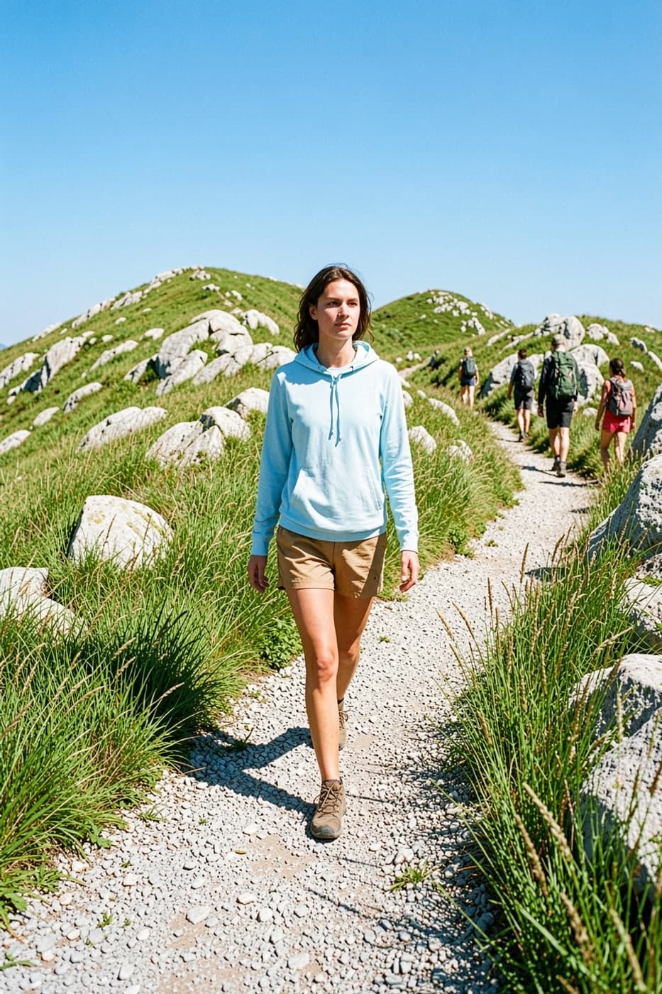 Woman in a pale blue sun hoodie and tan trail shorts walking a gravel path through tall grass