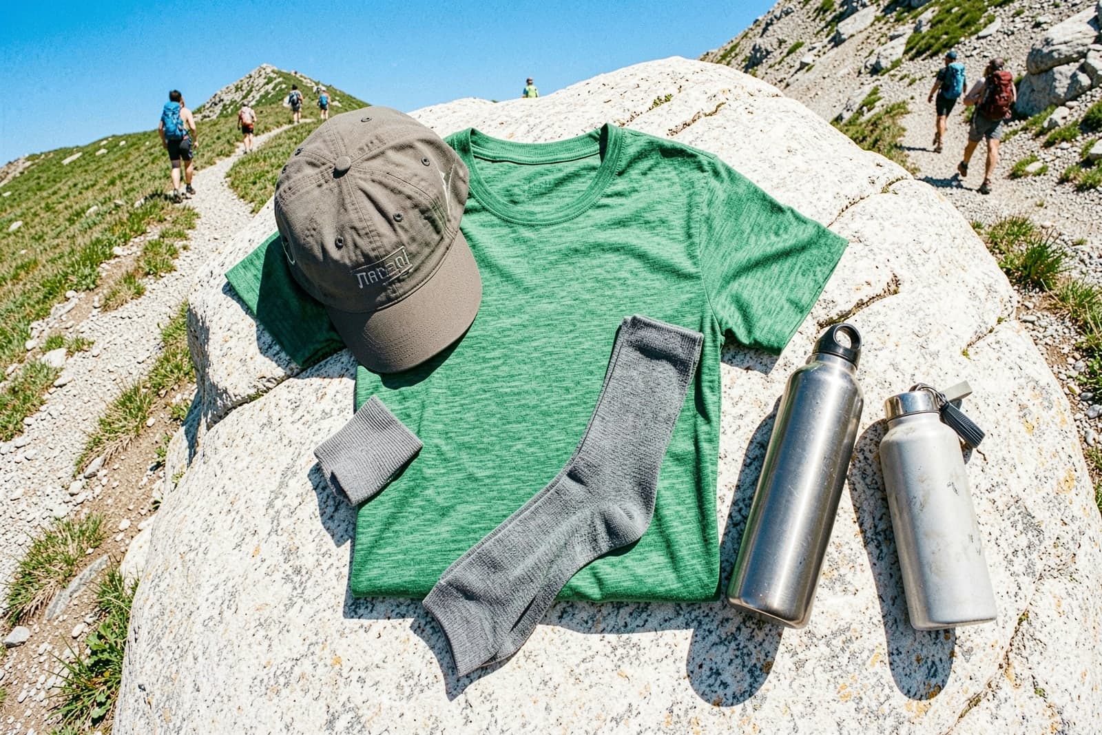 Green merino tee, trail cap, hiking socks and steel bottles laid out on a granite boulder