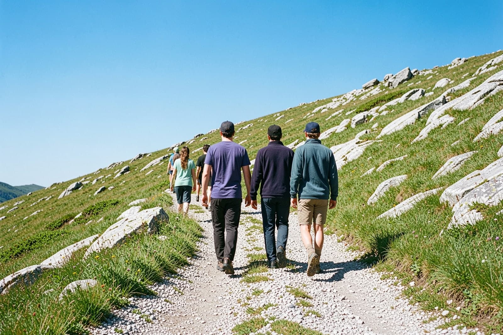 Four friends walking up a grassy hill path